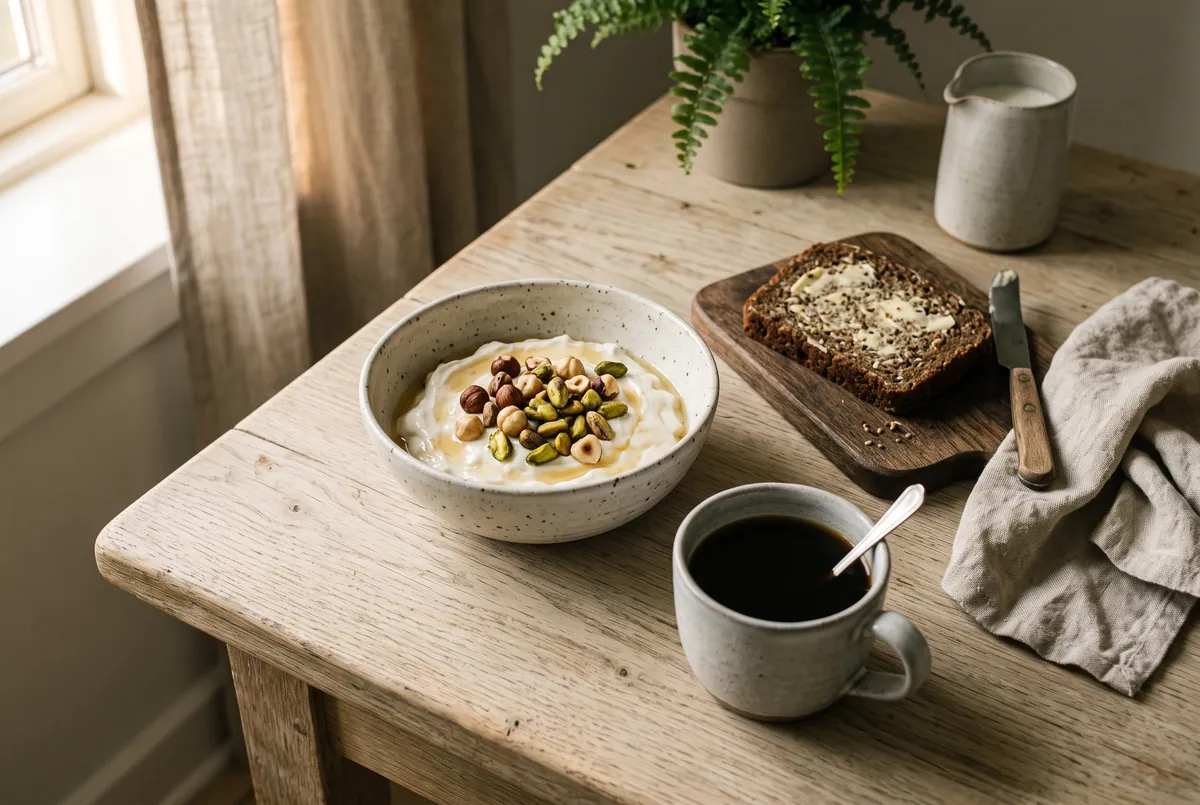 En skål yoghurt med pistacier og hasselnødder på et træbord ved vinduet, ved siden af rugbrød og en kop kaffe.